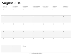 august 2019 calendar printable week starts on sunday