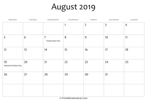august 2019 editable calendar with holidays