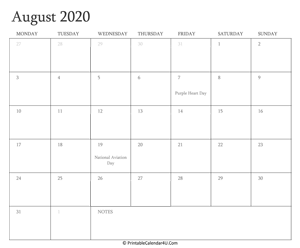 august 2020 calendar printable with holidays