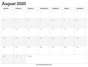 august 2020 calendar printable week starts on sunday