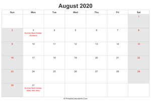 august 2020 calendar with uk bank holidays highlighted landscape layout