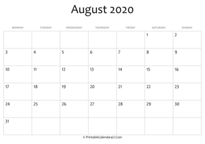 august 2020 editable calendar with holidays
