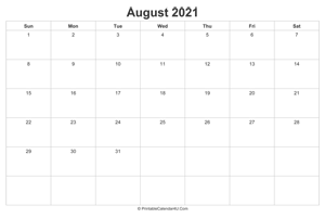 august 2021 calendar printable landscape layout