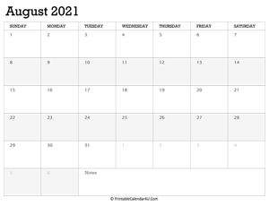 august 2021 calendar printable week starts on sunday