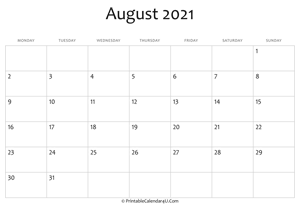 august 2021 editable calendar with holidays