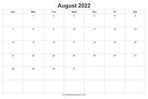 august 2022 calendar printable landscape layout