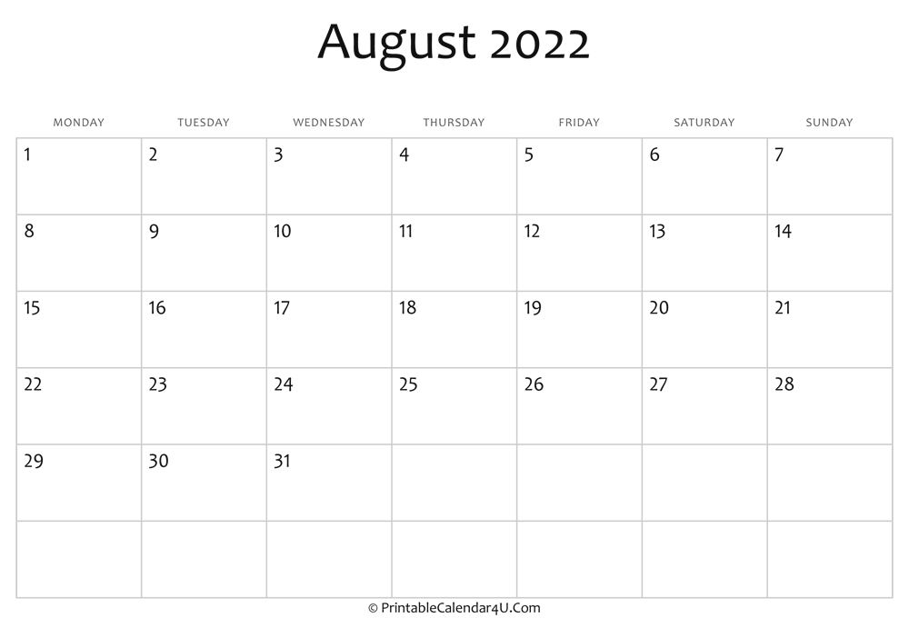 Editable Calendar August 2022 August 2022 Editable Calendar With Holidays
