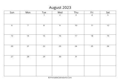 august 2023 calendar printable landscape layout