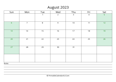 august 2023 calendar with us holidays and notes landscape layout