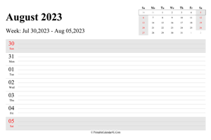 august 2023 weekly calendar with us holidays landscape layout