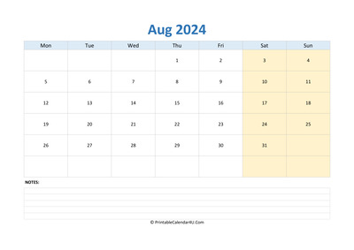 august 2024 calendar editable with notes horizontal layout