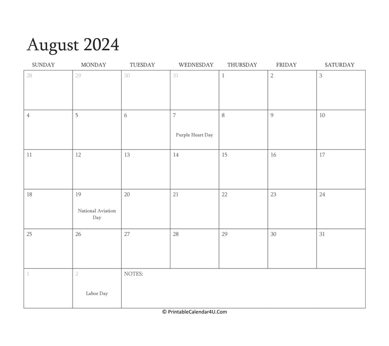 August 2024 Calendar Template Printable Debor Eugenia