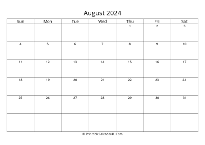 august 2024 calendar printable landscape layout