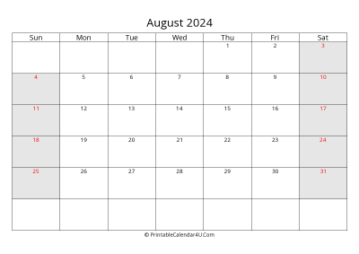 august 2024 calendar with us holidays highlighted landscape layout