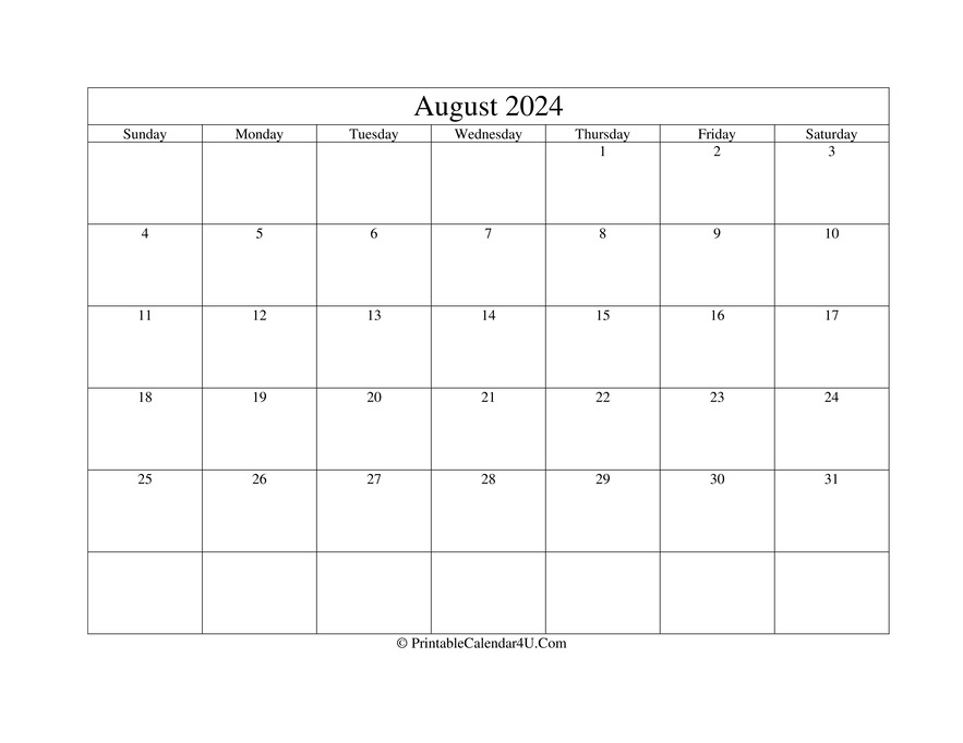 2024 August Calendar With Holidays Printable Template Nelia Wrennie