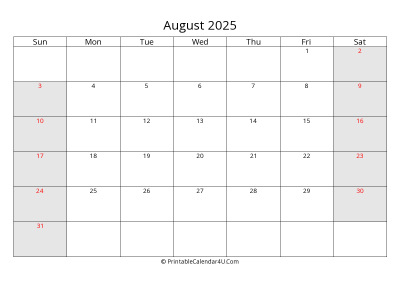 august 2025 calendar with us holidays highlighted landscape layout