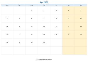 blank calendar april 2020 horizontal layout