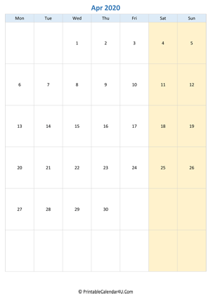 blank calendar april 2020 vertical layout