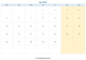 blank calendar april 2021 horizontal layout
