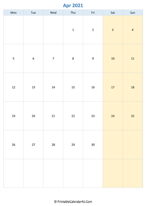 blank calendar april 2021 vertical layout