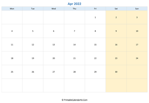 blank calendar april 2022 horizontal layout
