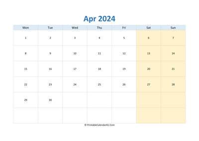 blank calendar april 2024 horizontal layout