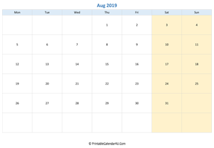 blank calendar august 2019 horizontal layout
