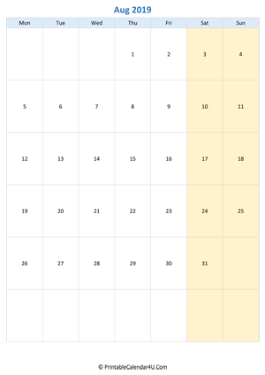 blank calendar august 2019 vertical layout