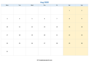 blank calendar august 2020 horizontal layout