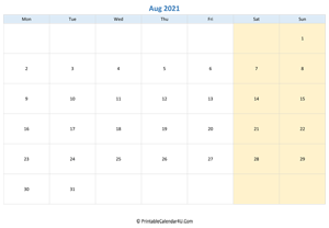 blank calendar august 2021 horizontal layout