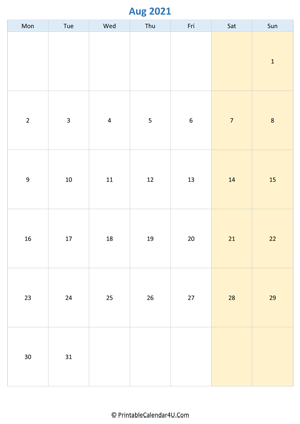 blank calendar august 2021 vertical layout