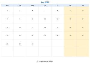 blank calendar august 2022 horizontal layout