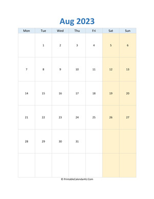 blank calendar august 2023 vertical layout
