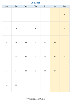 blank calendar december 2019 vertical layout