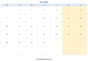 blank calendar december 2020 horizontal layout