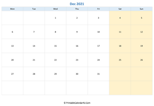 blank calendar december 2021 horizontal layout