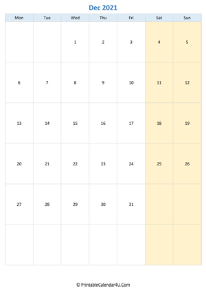 blank calendar december 2021 vertical layout