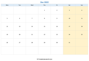 blank calendar december 2022 horizontal layout