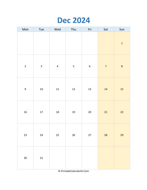 blank calendar december 2024 vertical layout