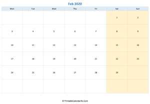 blank calendar february 2020 horizontal layout