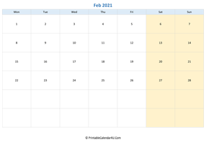 blank calendar february 2021 horizontal layout