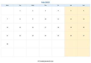 blank calendar february 2022 horizontal layout