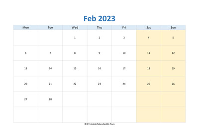 blank calendar february 2023 horizontal layout