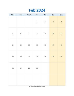 blank calendar february 2024 vertical layout