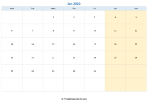 blank calendar january 2020 horizontal layout