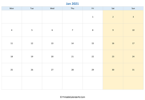 blank calendar january 2021 horizontal layout