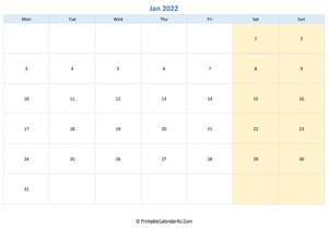 blank calendar january 2022 horizontal layout
