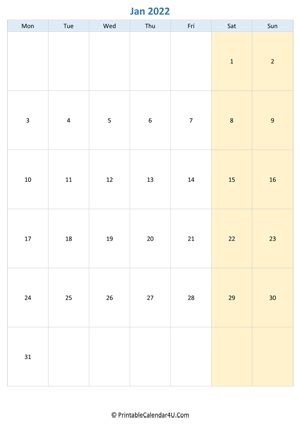 blank calendar january 2022 vertical layout