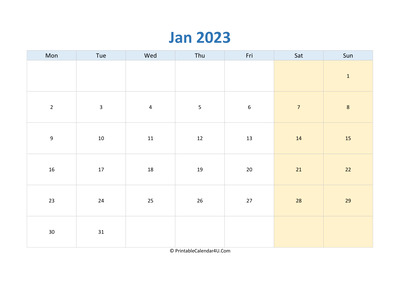 blank calendar january 2023 horizontal layout