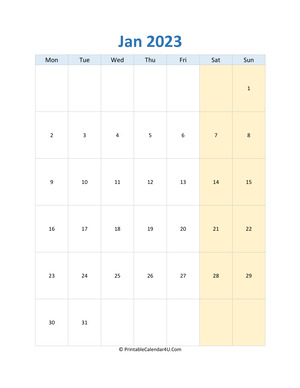 blank calendar january 2023 vertical layout